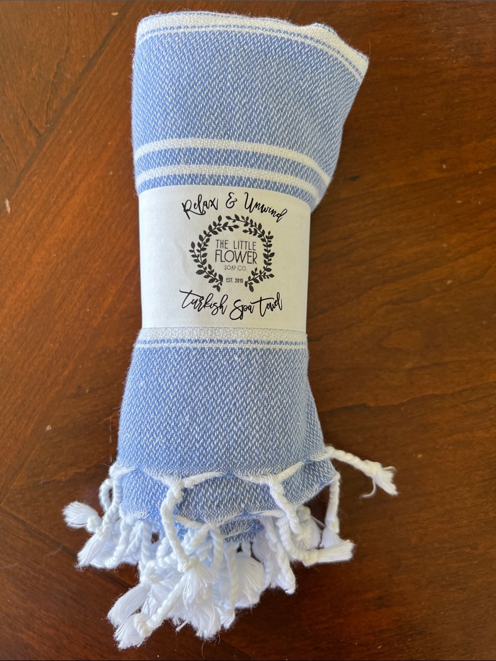 Turkish Spa hand Towel - Sky Blue with White Stripes NWT